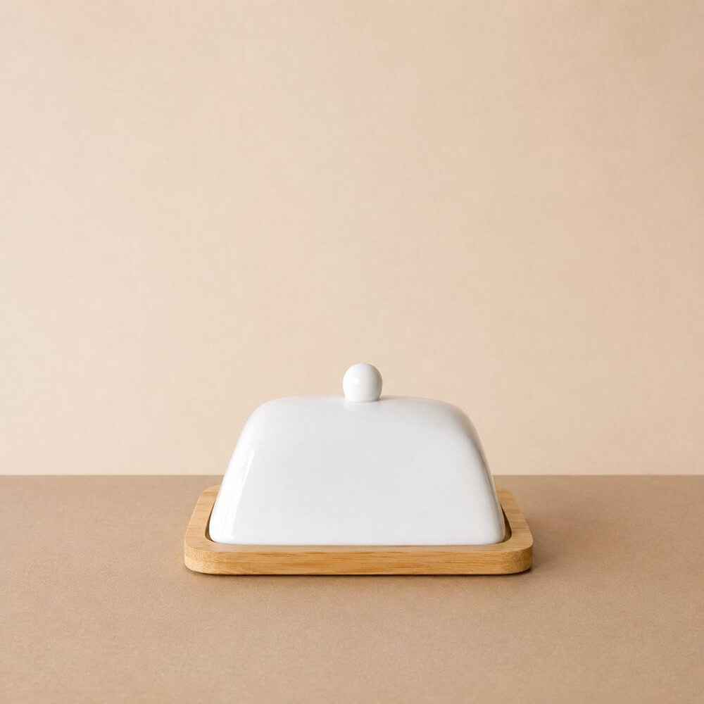 MANTEQUILLERA BASE DE MADER Y TAPA CERAMICA BLANCA